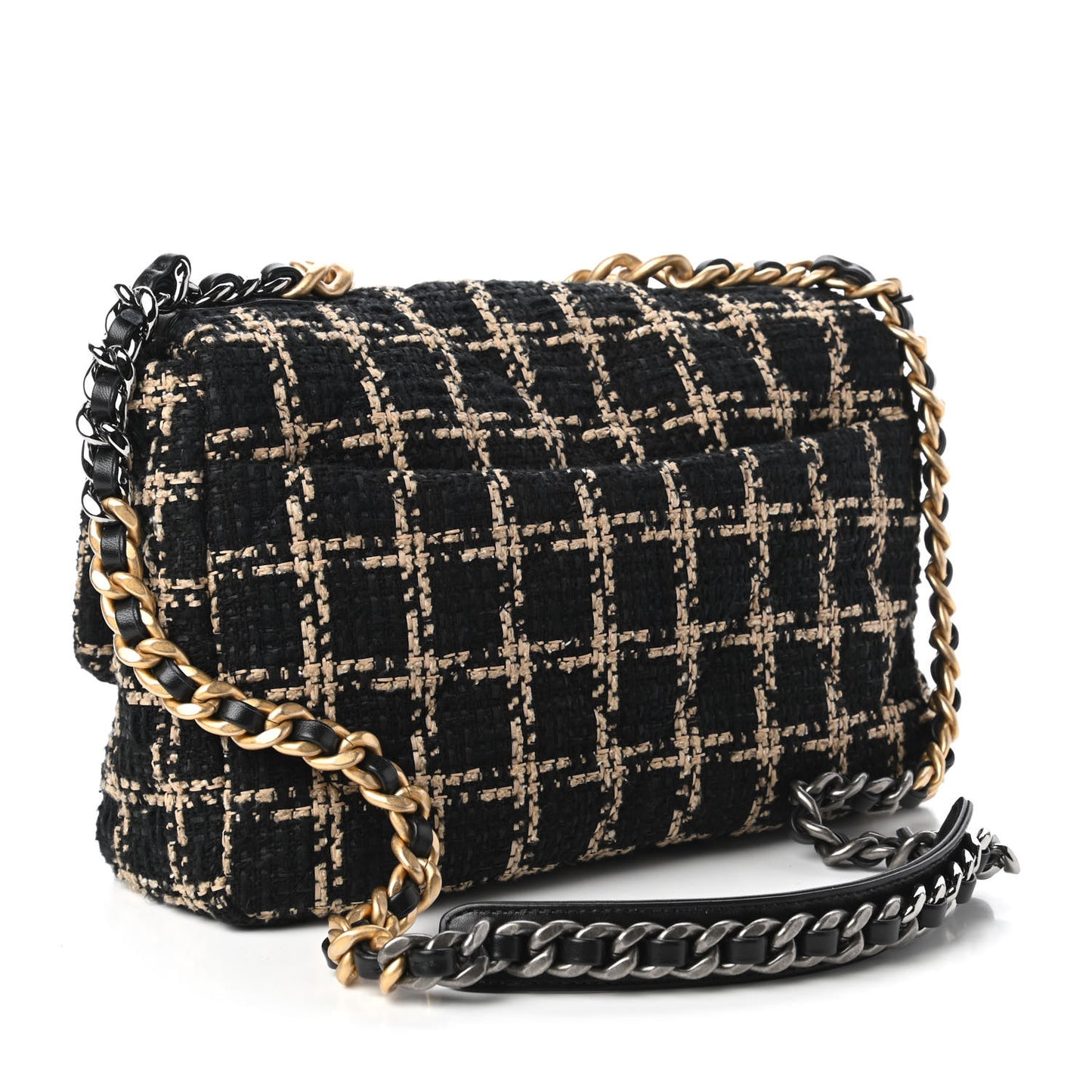 Tweed Quilted Large Chanel 19 Flap Black Beige