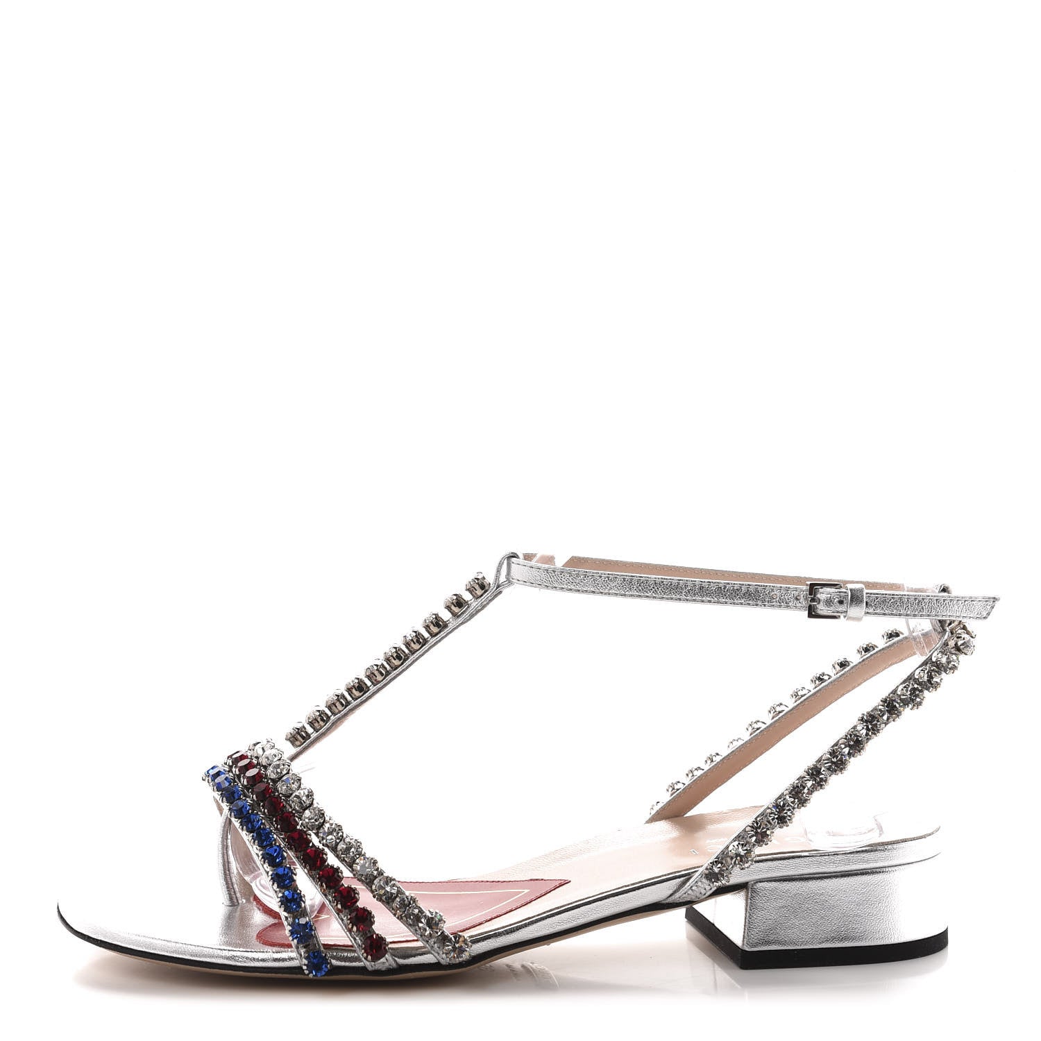 Gucci Nappa Silk Crystal Bertie T-Strap Low Heel Sandals 35 Argento 1 of 9