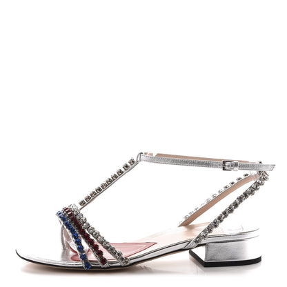 Gucci Nappa Silk Crystal Bertie T-Strap Low Heel Sandals 35 Argento 1 of 9