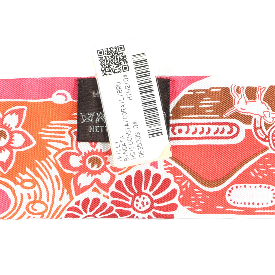 Silk Bingata Twilly Fuchsia Corail Brun