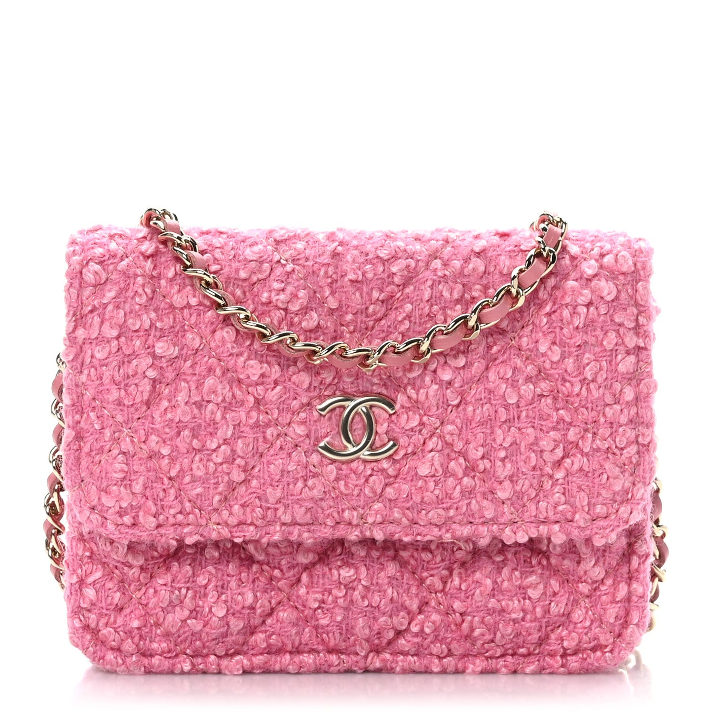 Tweed Quilted Flap Chain Waist Bag Pink