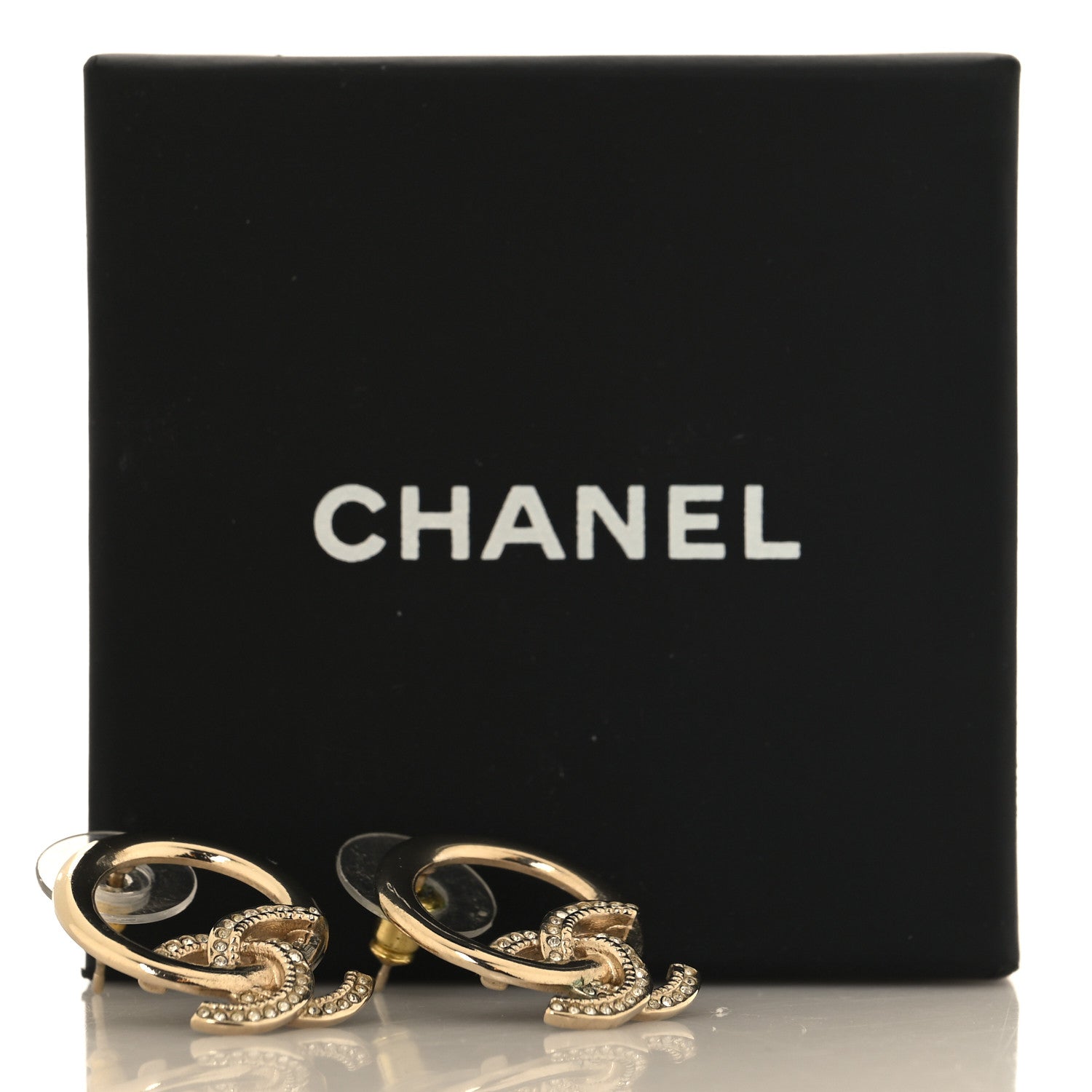 Chanel Metal Crystal CC Round Drop Earrings Gold 5 of 5