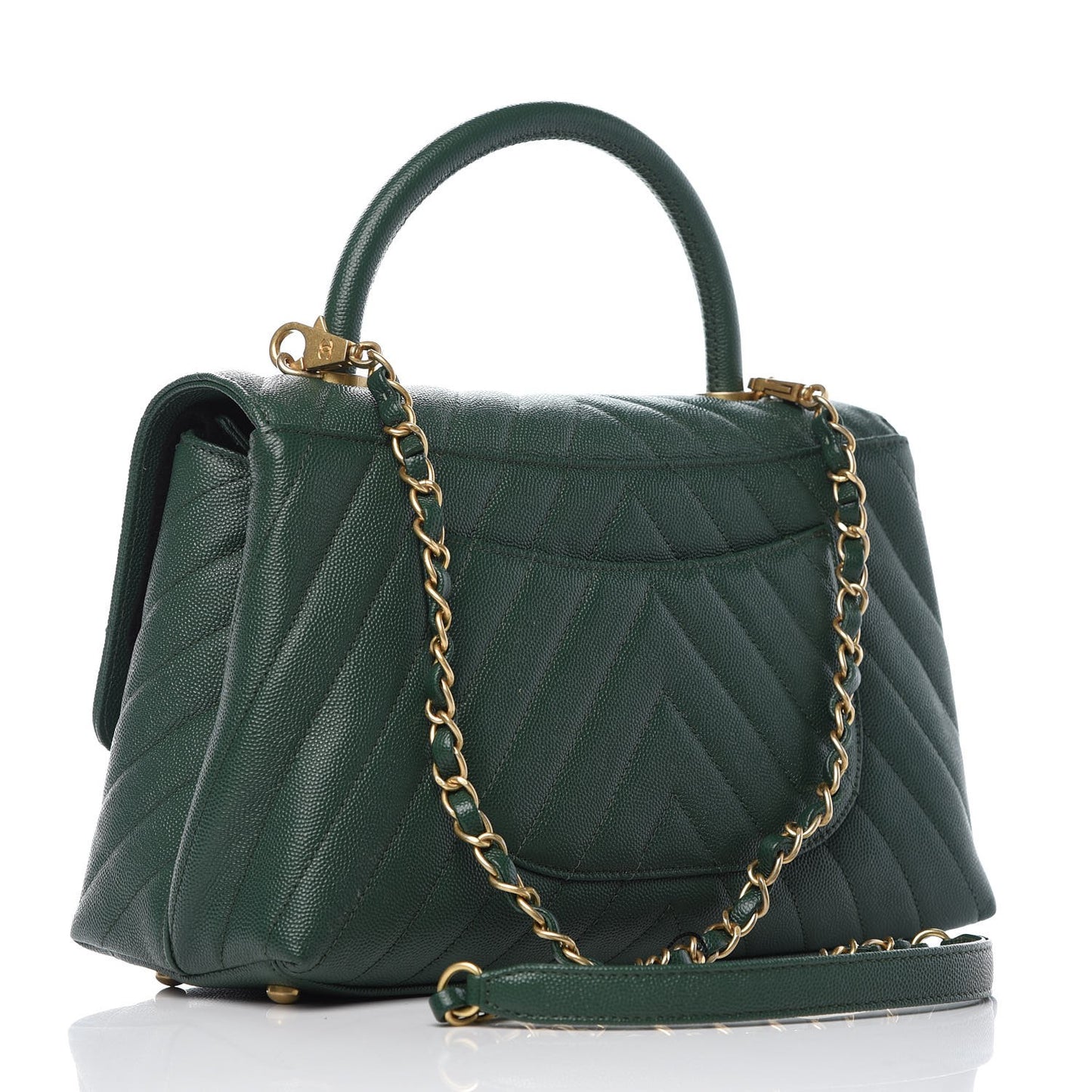 Caviar Chevron Quilted Small Coco Handle Flap Dark Green