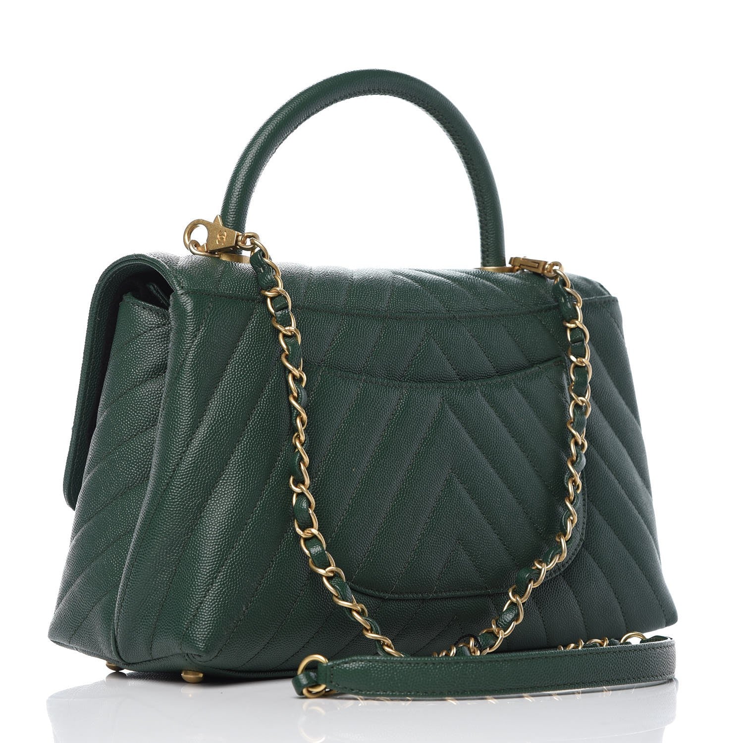 Chanel Caviar Chevron Quilted Small Coco Handle Flap Dark Green 4 of 10