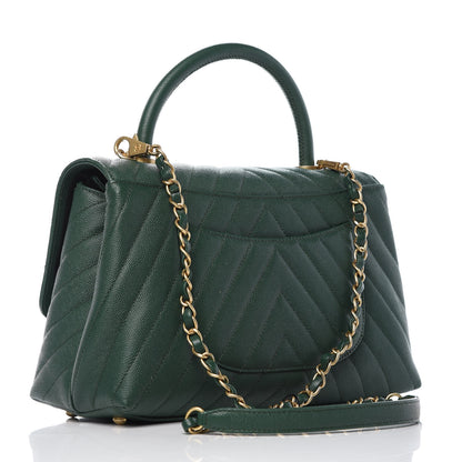 Chanel Caviar Chevron Quilted Small Coco Handle Flap Dark Green 4 of 10