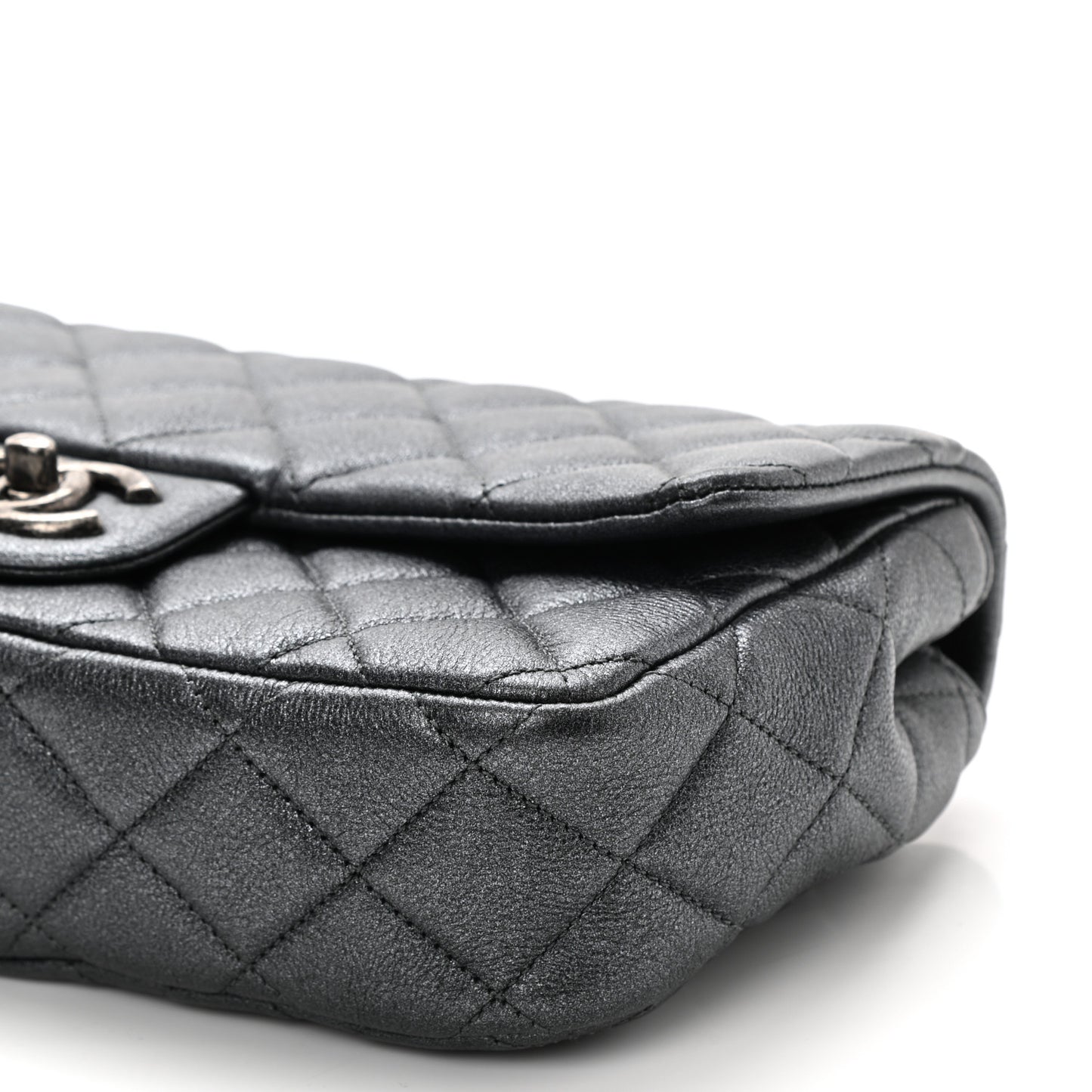 Metallic Calfskin Quilted Medium CC Eyelet Flap Dark Silver