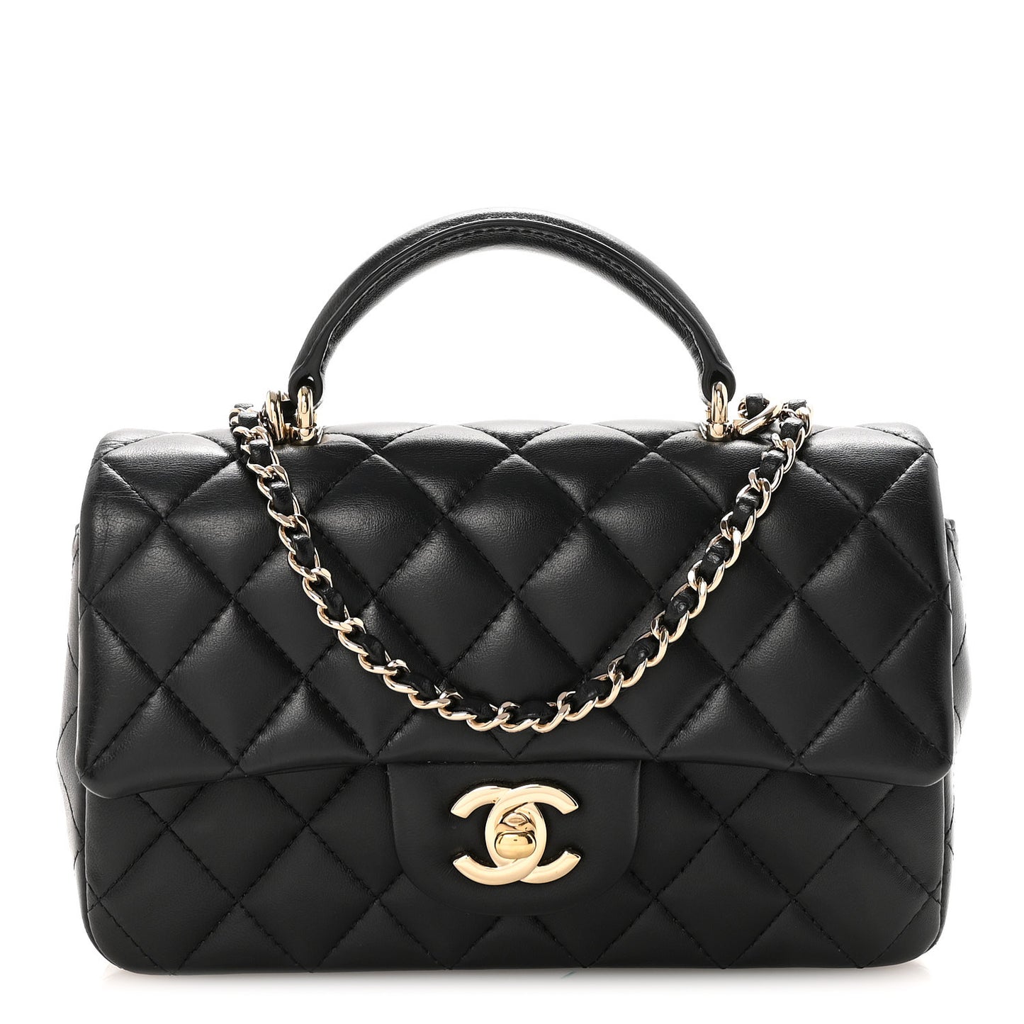 Lambskin Quilted Mini Top Handle Rectangular Flap Black