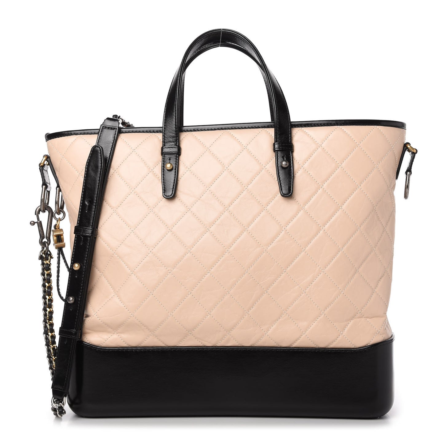 Aged Calfskin Quilted Large Gabrielle Shopping Tote Beige Black