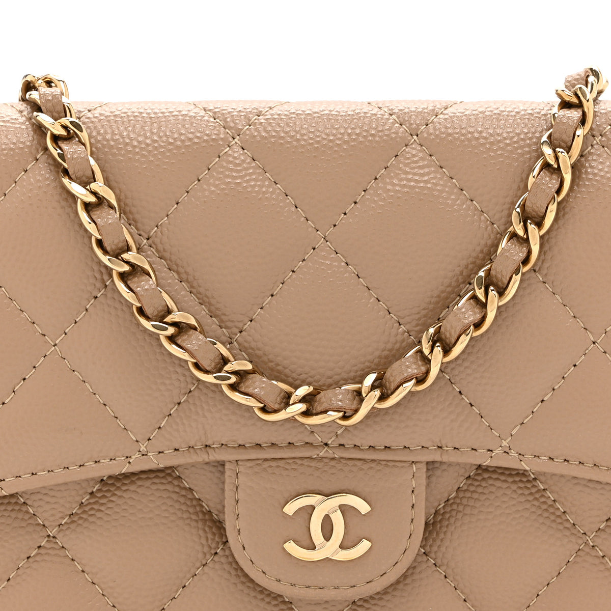 Chanel Caviar Quilted Flap Phone Holder With Chain Beige 10 of 13