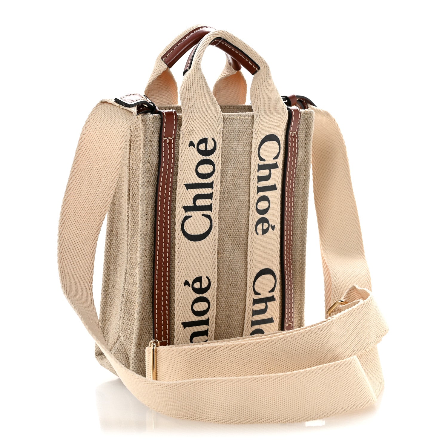 Chloe Cotton Calfskin Mini Woody North South Ribbon Tote White Brown 3 of 12