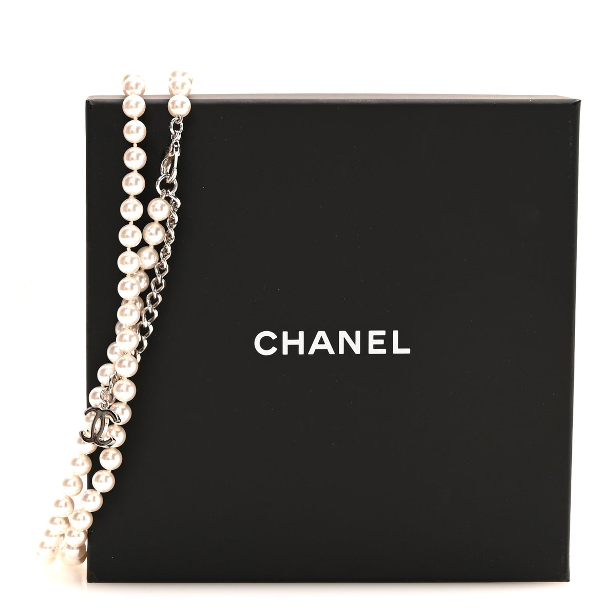 Chanel Pearl Resin CC Long Necklace Pearly White Silver 5 of 5