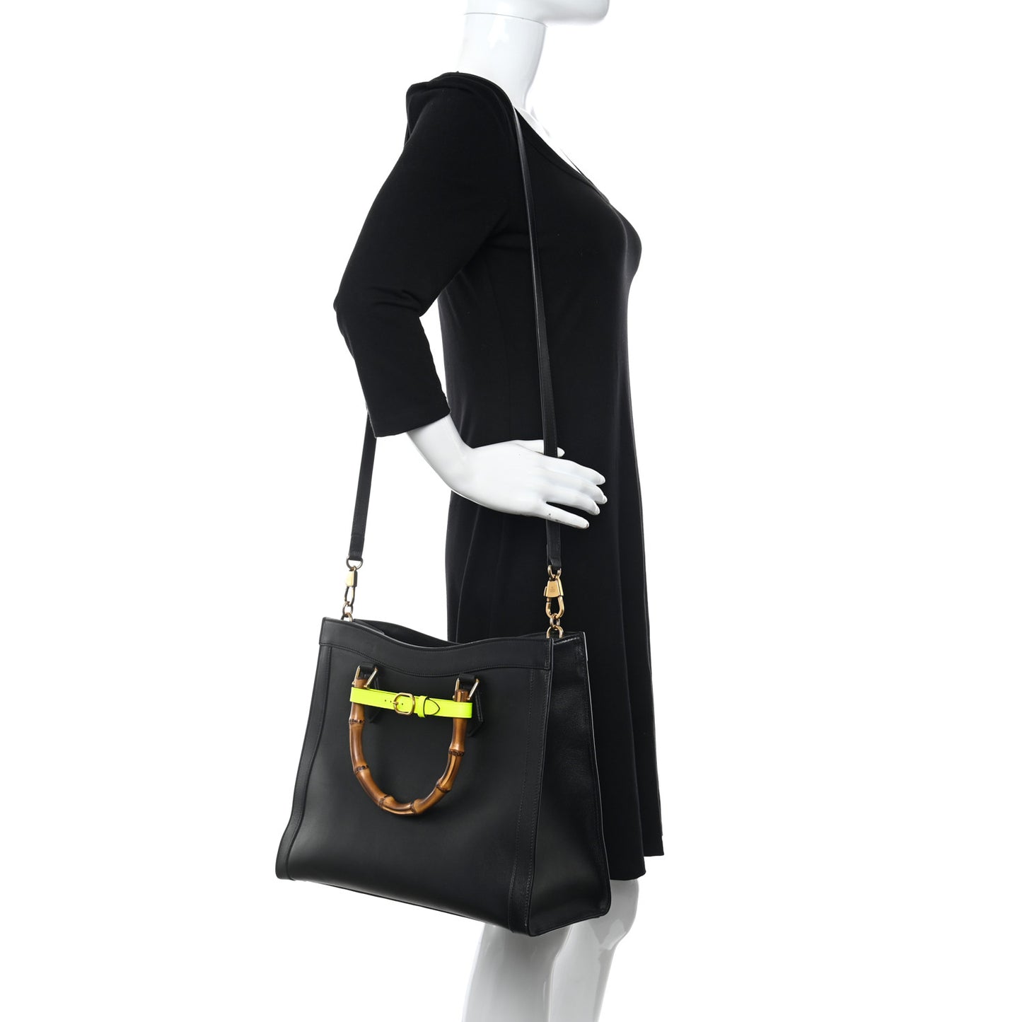 Calfskin Medium Diana Tote Bag Black Yellow Fluo