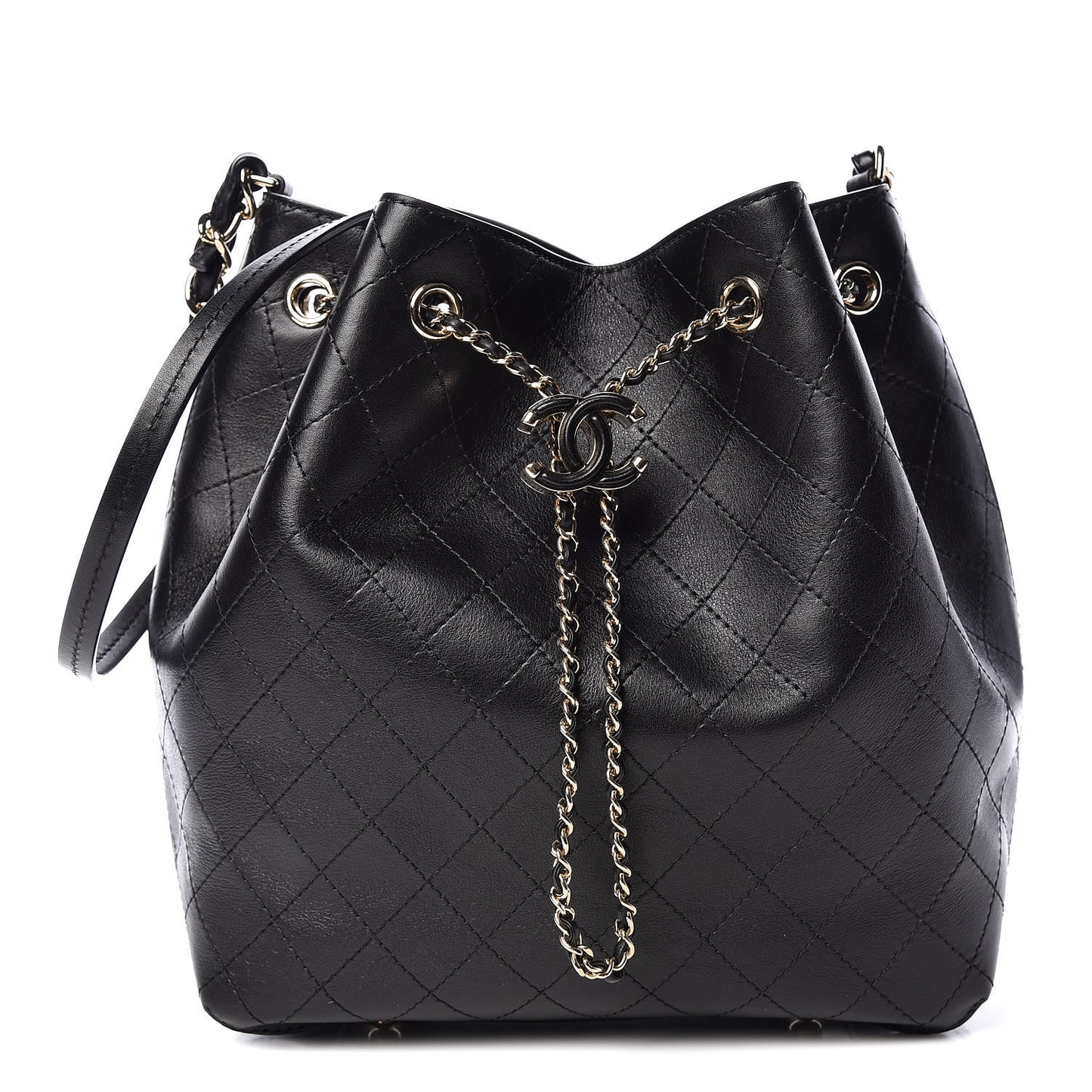 Calfskin Stitched Drawstring Bag Black