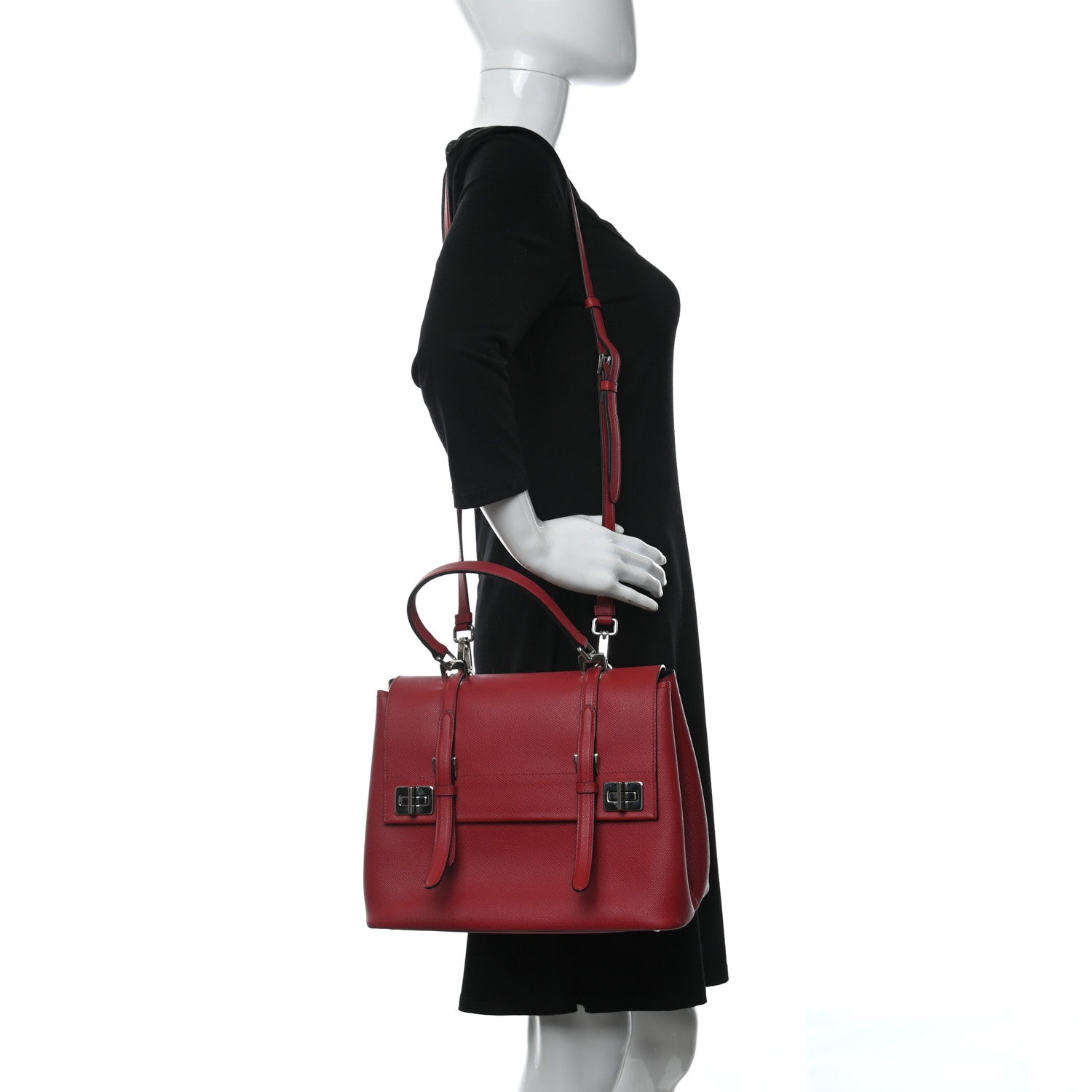 Prada Saffiano Cuir Convertible Top Handle Tote Fuoco 2 of 14