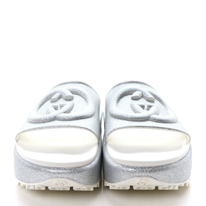 Gucci Glitter Rubber Womens Interlocking G Platform 42mm Slide Sandals 41 Silver 3 of 9