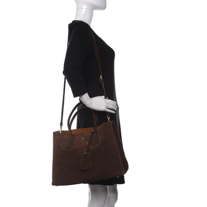 Prada Scamosciato Suede Medium Double Bag Tote Mogano 2 of 13