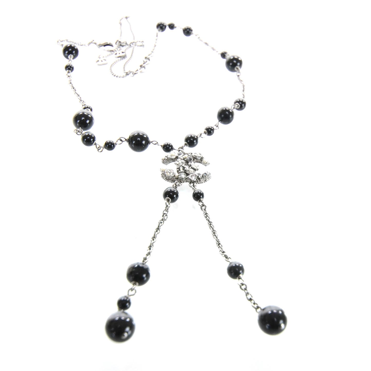 Beaded Camellia Crystal Pearl CC Necklace Black