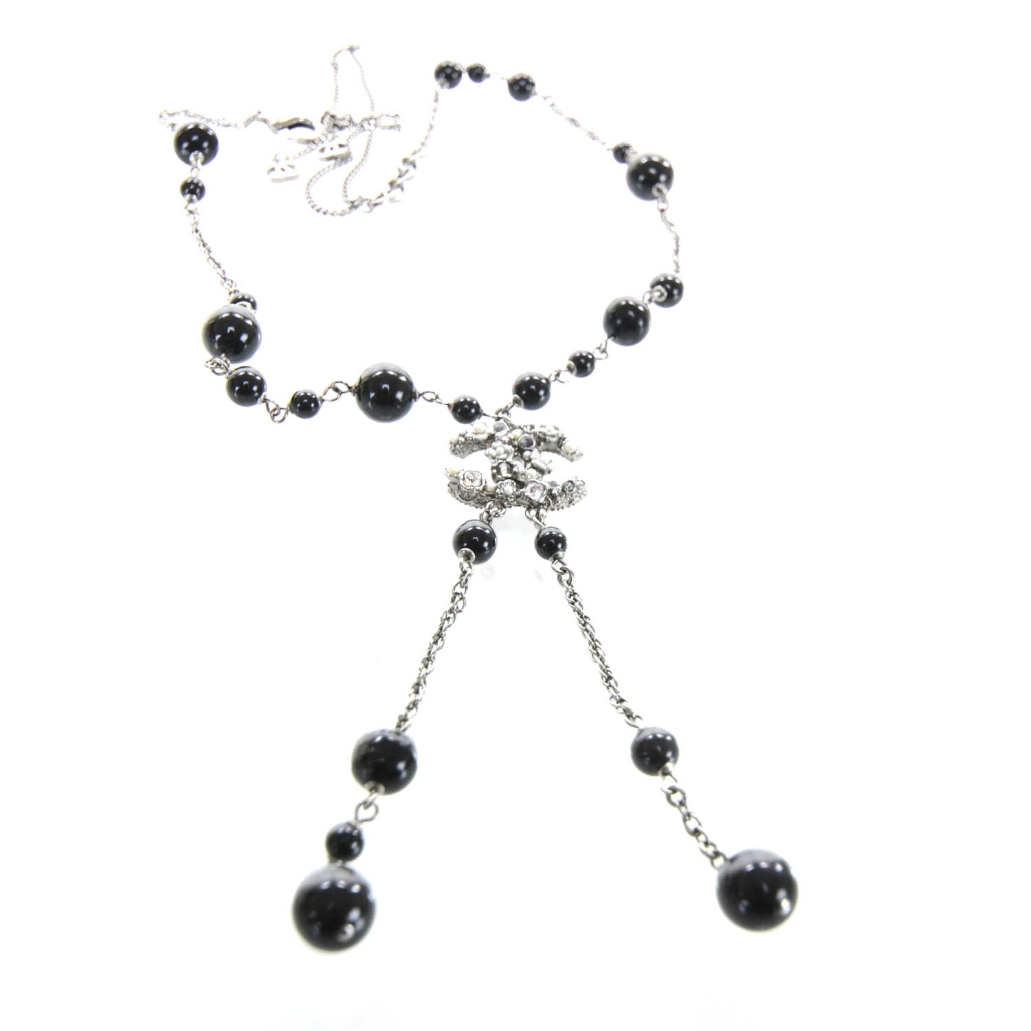 Chanel Beaded Camellia Crystal Pearl CC Necklace Black 1 of 6