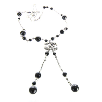 Chanel Beaded Camellia Crystal Pearl CC Necklace Black 1 of 6