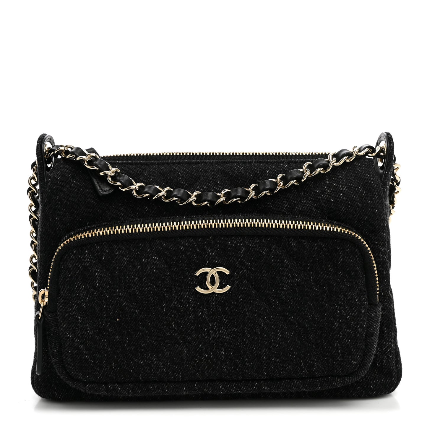 Denim Quilted Small Preppy Pocket Clutch With Chain  Black