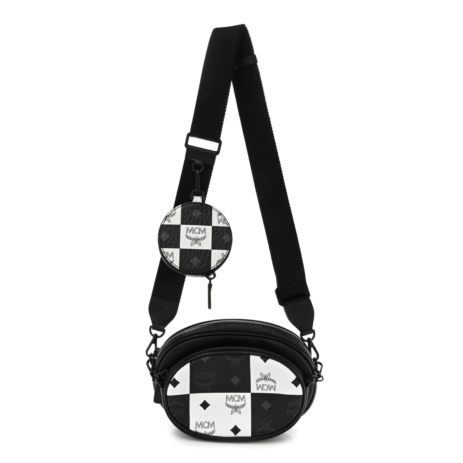 MCM Checkerboard Visetos Small Aren Multifunction Crossbody Pouch Black White 1 of 13