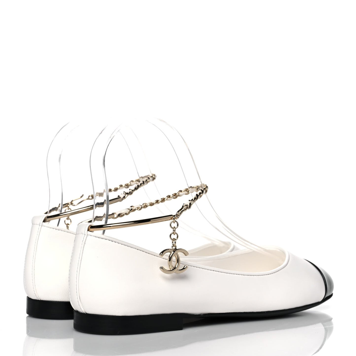 Lambskin Patent Calfskin Cap Toe Ankle Chain Ballerina Flats 37.5 White Black