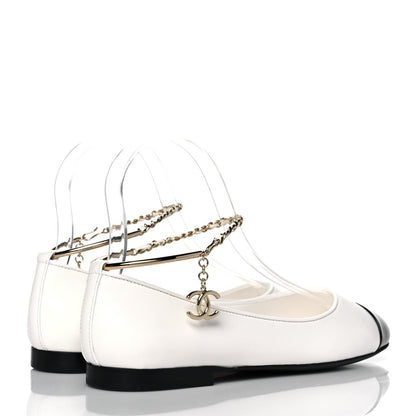 Chanel Lambskin Patent Calfskin Cap Toe Ankle Chain Ballerina Flats 37.5 White Black 4 of 10