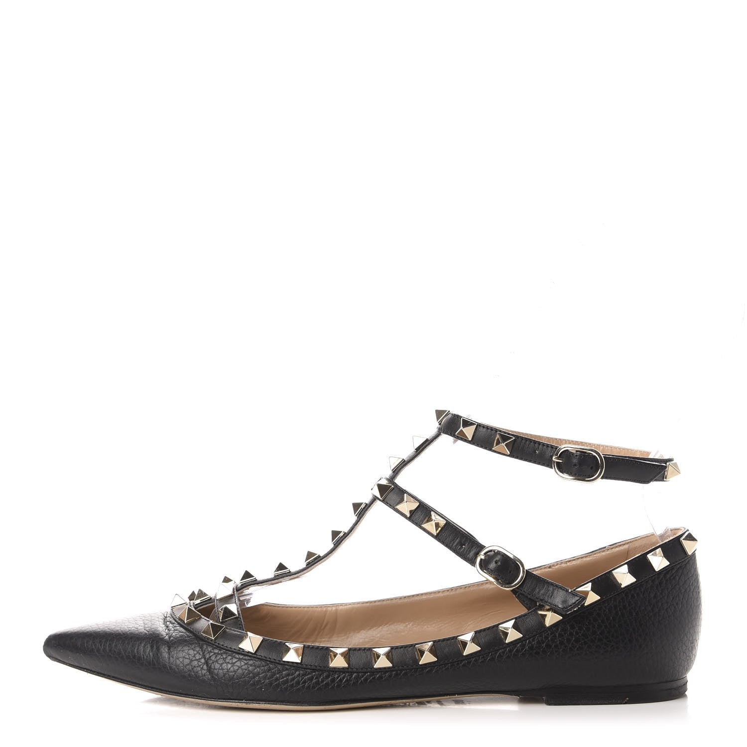 Valentino Garavani Pebbled Calfskin Rockstud Cage Ballerina Flats 39.5 Black 1 of 12