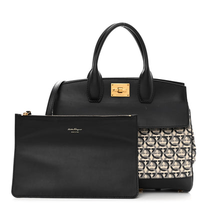 Salvatore Ferragamo Canvas Calfskin Gancini The Studio Bag Black Beige 3 of 10