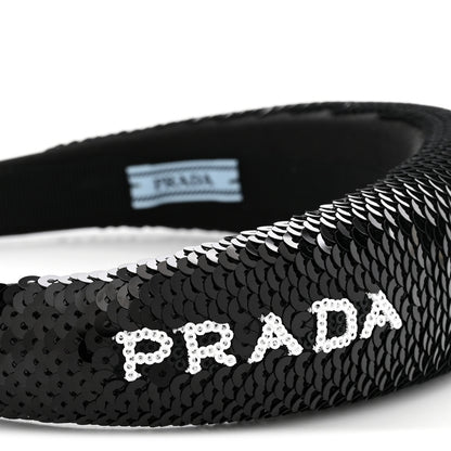 Prada Satin Sequin Embellished Headband Clear Black 4 of 6