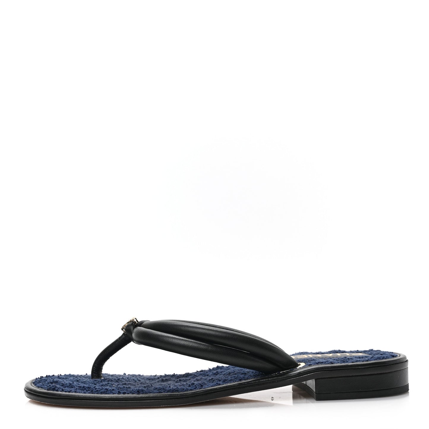 Lambskin Fabric CC Thong Sandals 40.5 Black Dark Navy