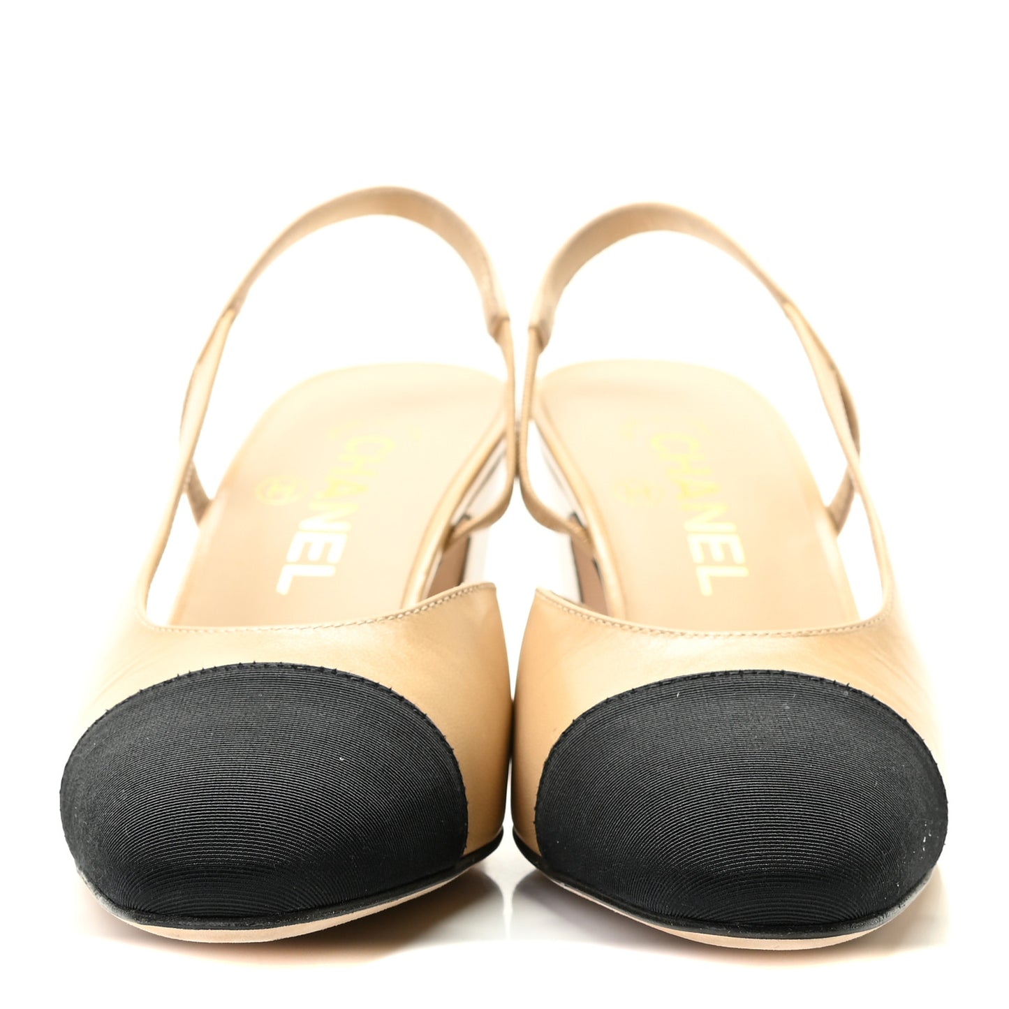 Goatskin Grosgrain Cap Toe CC Slingback Pumps 36 Beige Black