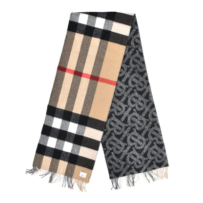 Burberry Cashmere Half Mega Check Monogram TB Reversible Fringe Scarf Black White 2 of 4