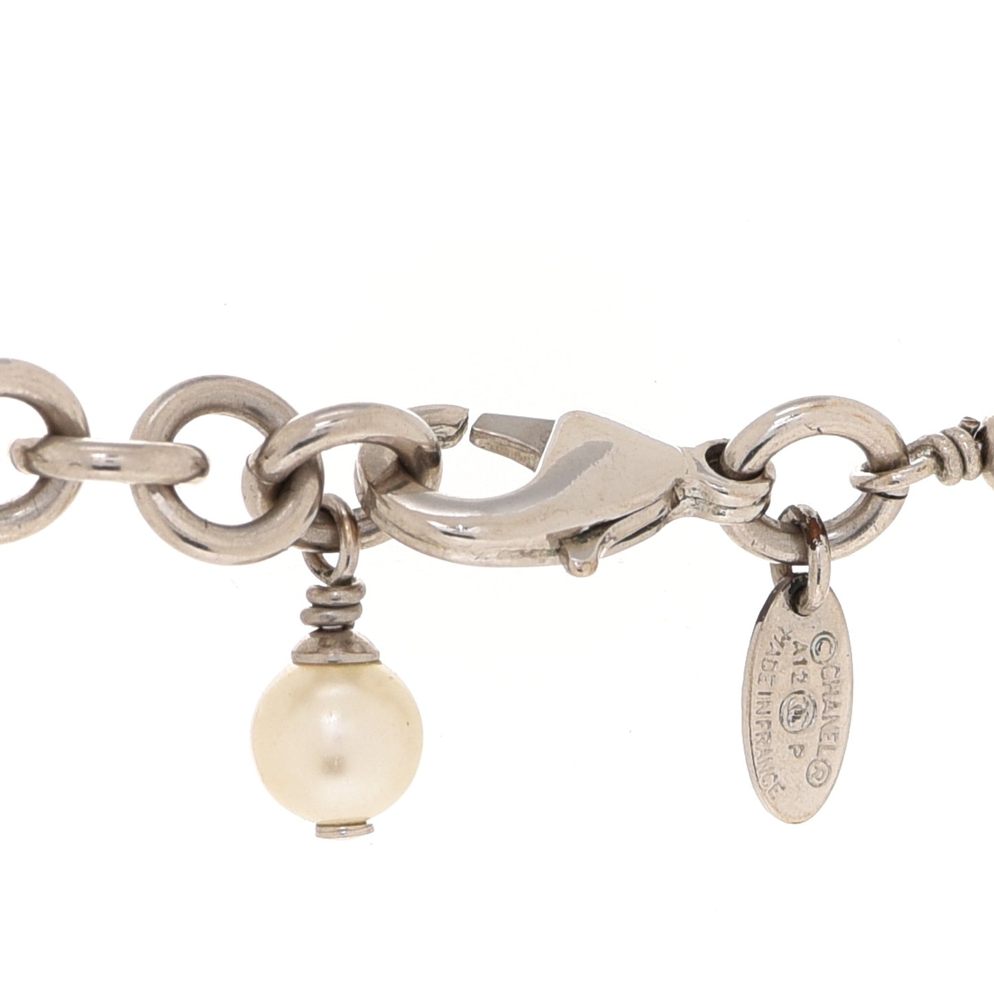 Graduated Pearl Crystal CC Long Necklace Silver