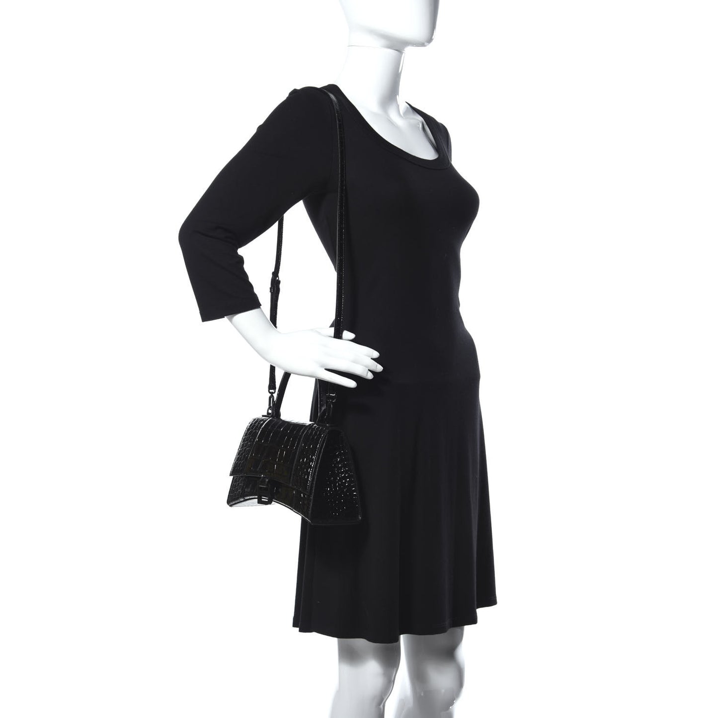 Shiny Calfskin Monochrome Crocodile Embossed Small Hourglass Top Handle Bag Black