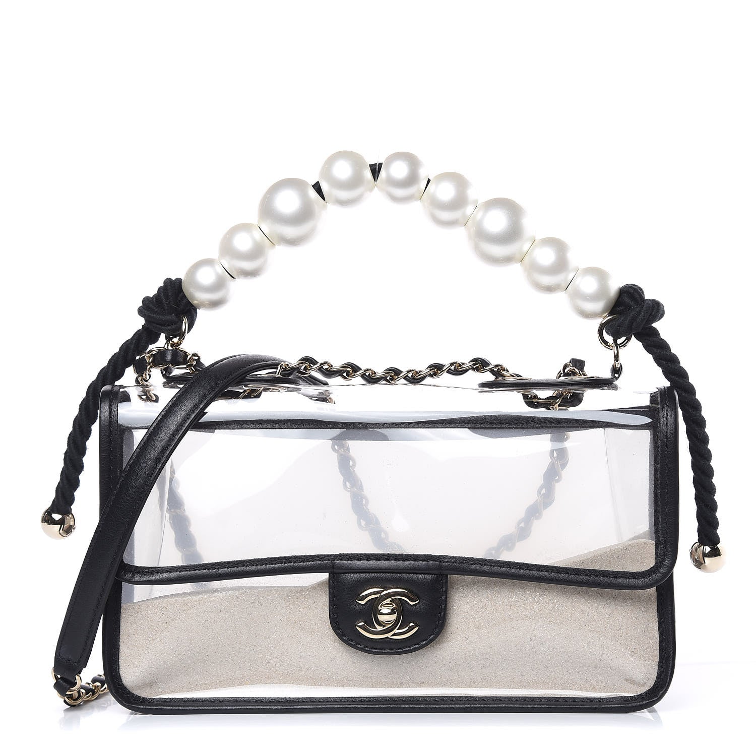 Chanel Lambskin PVC Sand By The Sea Flap With Pearl Strap Black