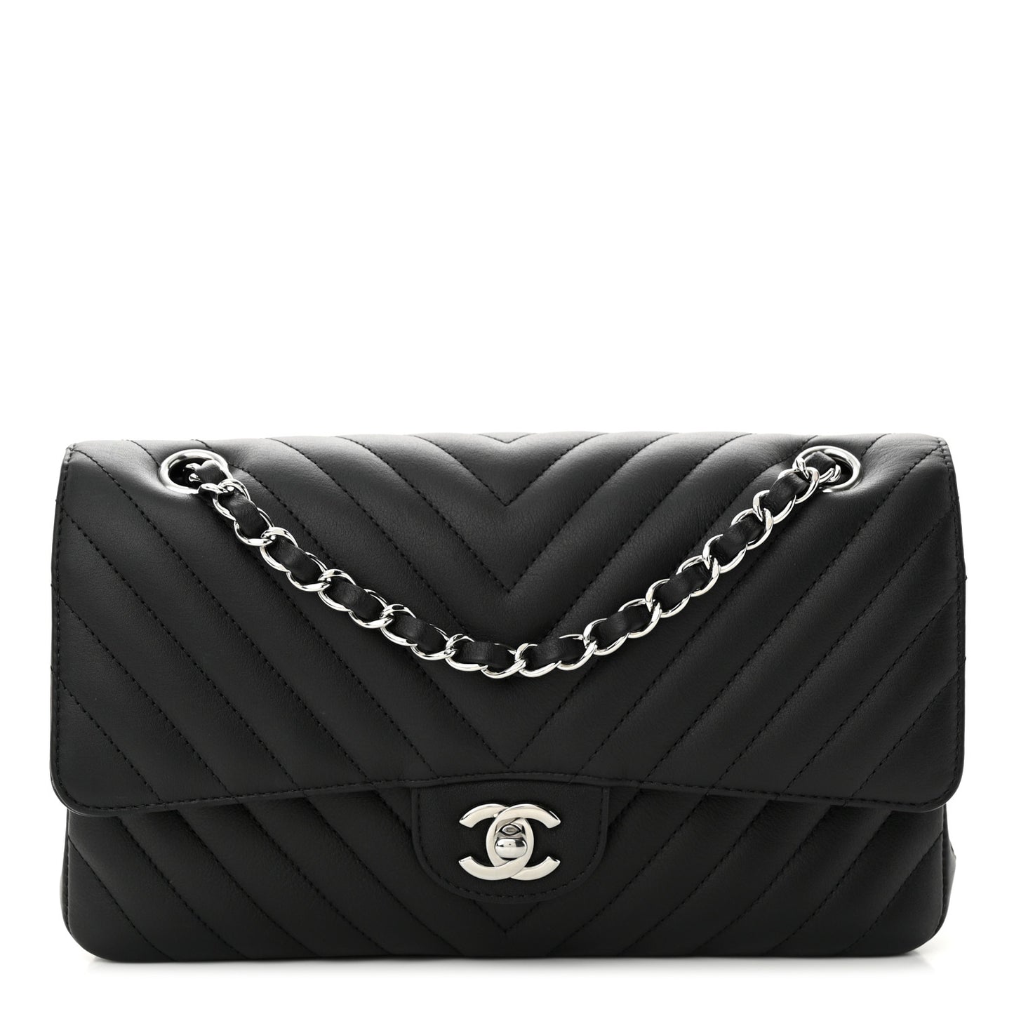 Calfskin Chevron Quilted Medium Double Flap Black