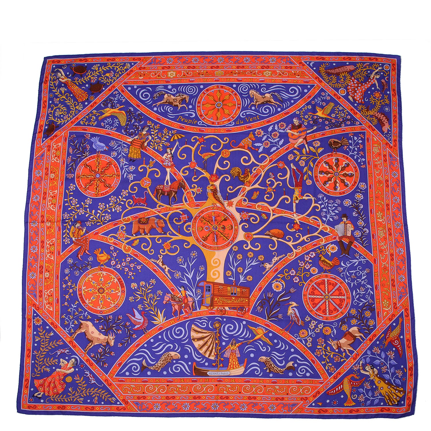 Hermes Cashmere Silk Peuple Du Vent Shawl 140 Violet Rouge Orange Moutarde 3 of 7