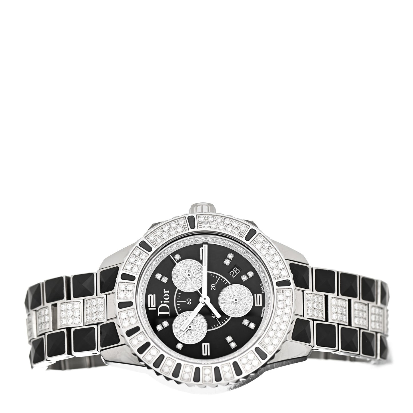 Stainless Steel Diamond Pave Sapphire 38mm Christal Chronograph Quartz Watch Black