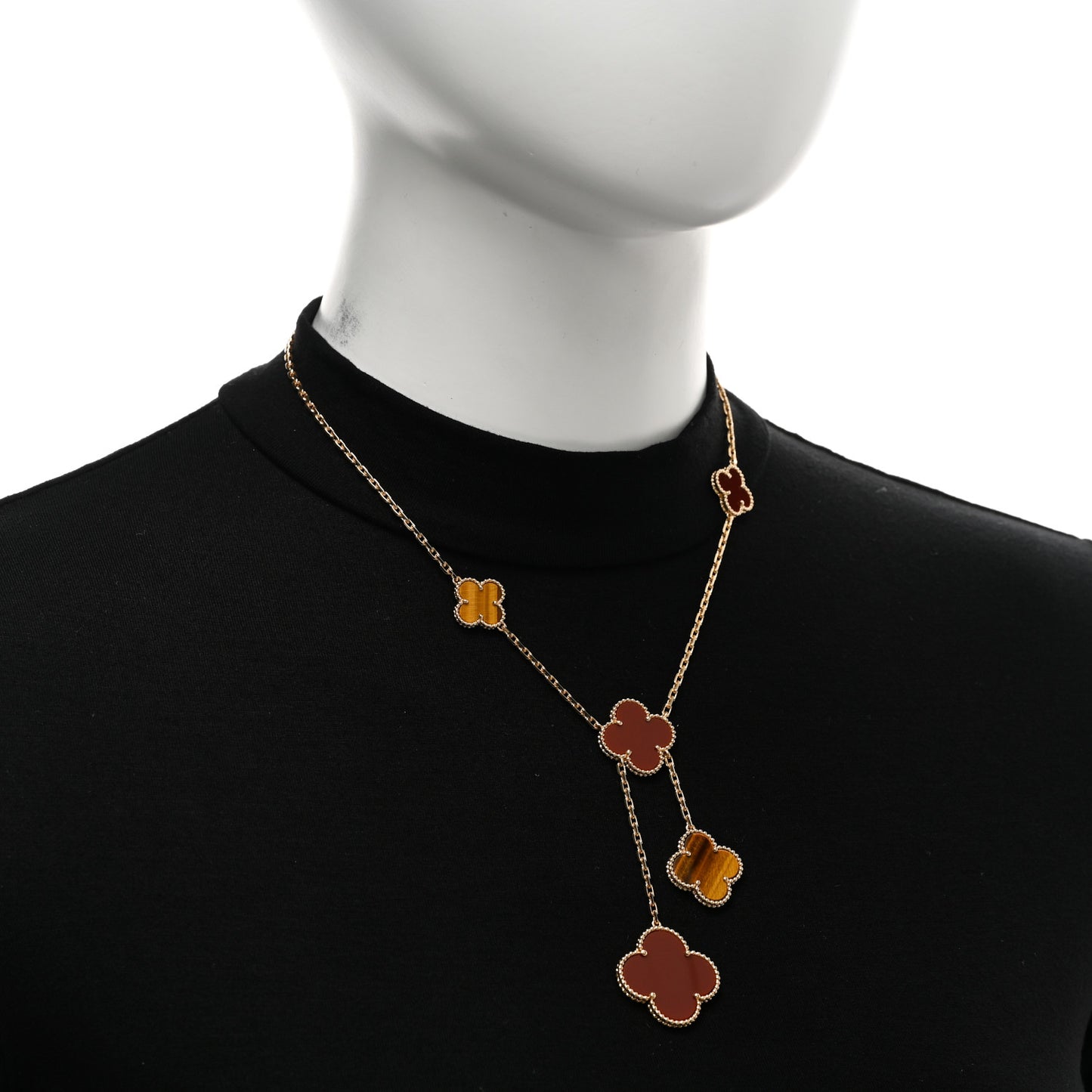 18K Yellow Gold Carnelian Tiger Eye 6 Motifs Magic Alhambra Necklace