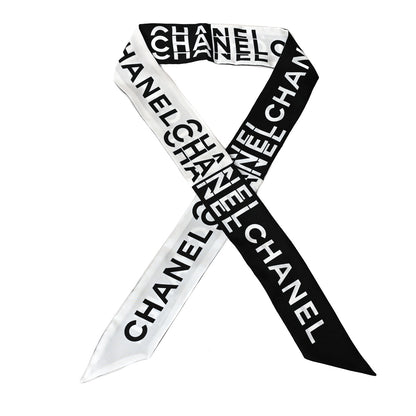 Chanel Silk Logo Slim Bandeau Scarf Black White 1 of 3