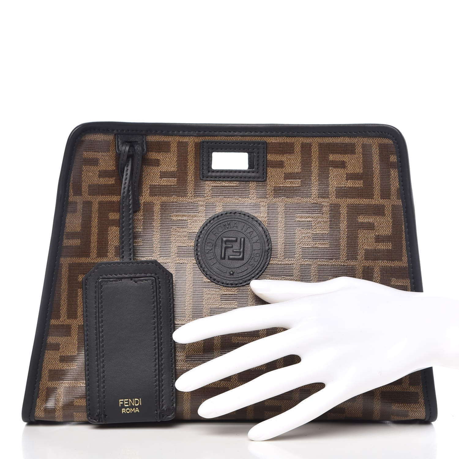 Fendi Glazed Fabric Vitello Century FF 1974 Stamp Patch Mini Peekaboo Defender Cover Mogano Panna Black 2 of 9