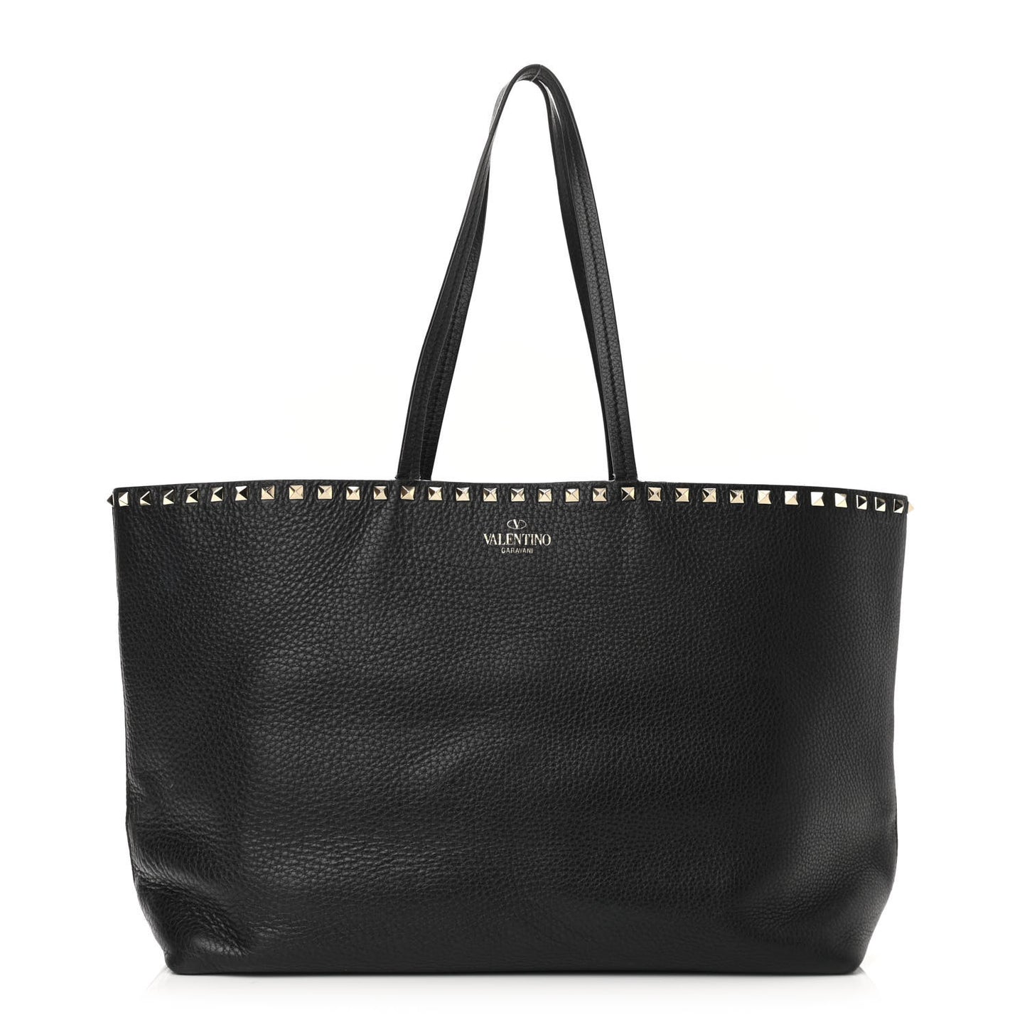 Grained Calfskin Rockstud Shoulder Tote Black