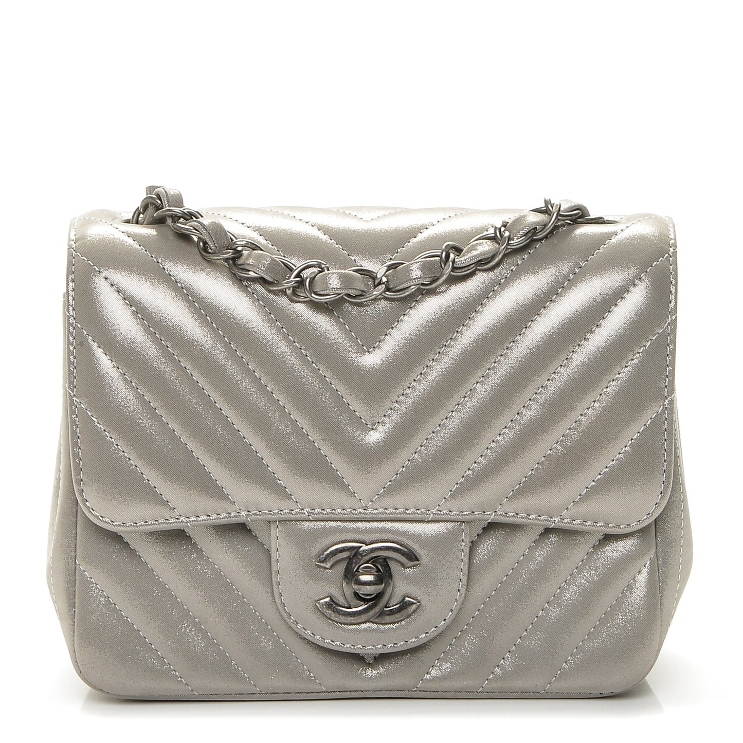 Iridescent Calfskin Chevron Quilted Mini Square Flap Silver
