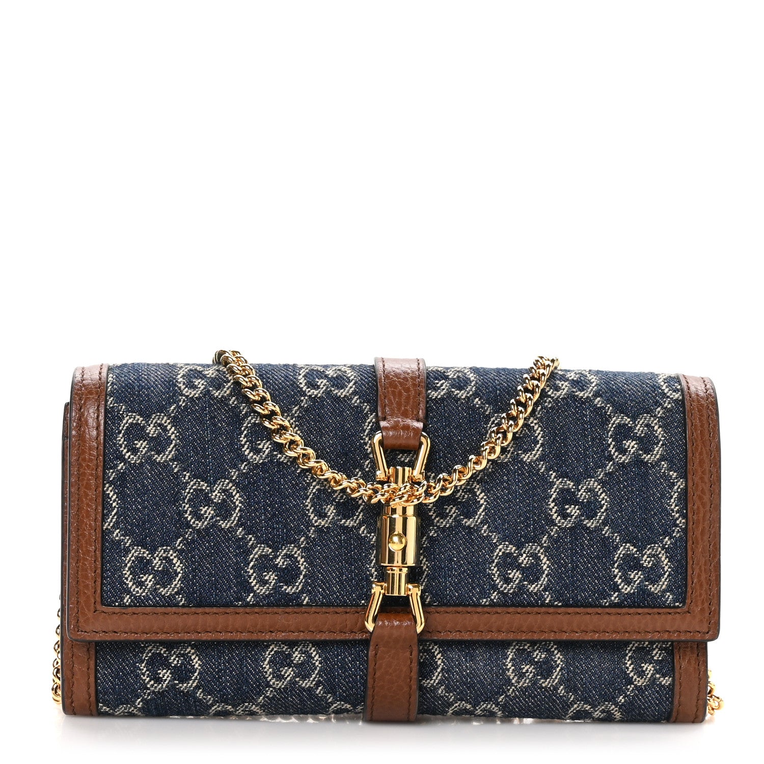 Gucci New Denim GG Monogram Jackie 1961 Chain Wallet Blue Tea Cuir 1 of 12