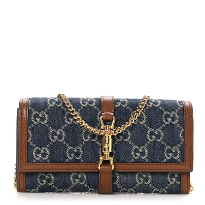 Gucci New Denim GG Monogram Jackie 1961 Chain Wallet Blue Tea Cuir 1 of 12