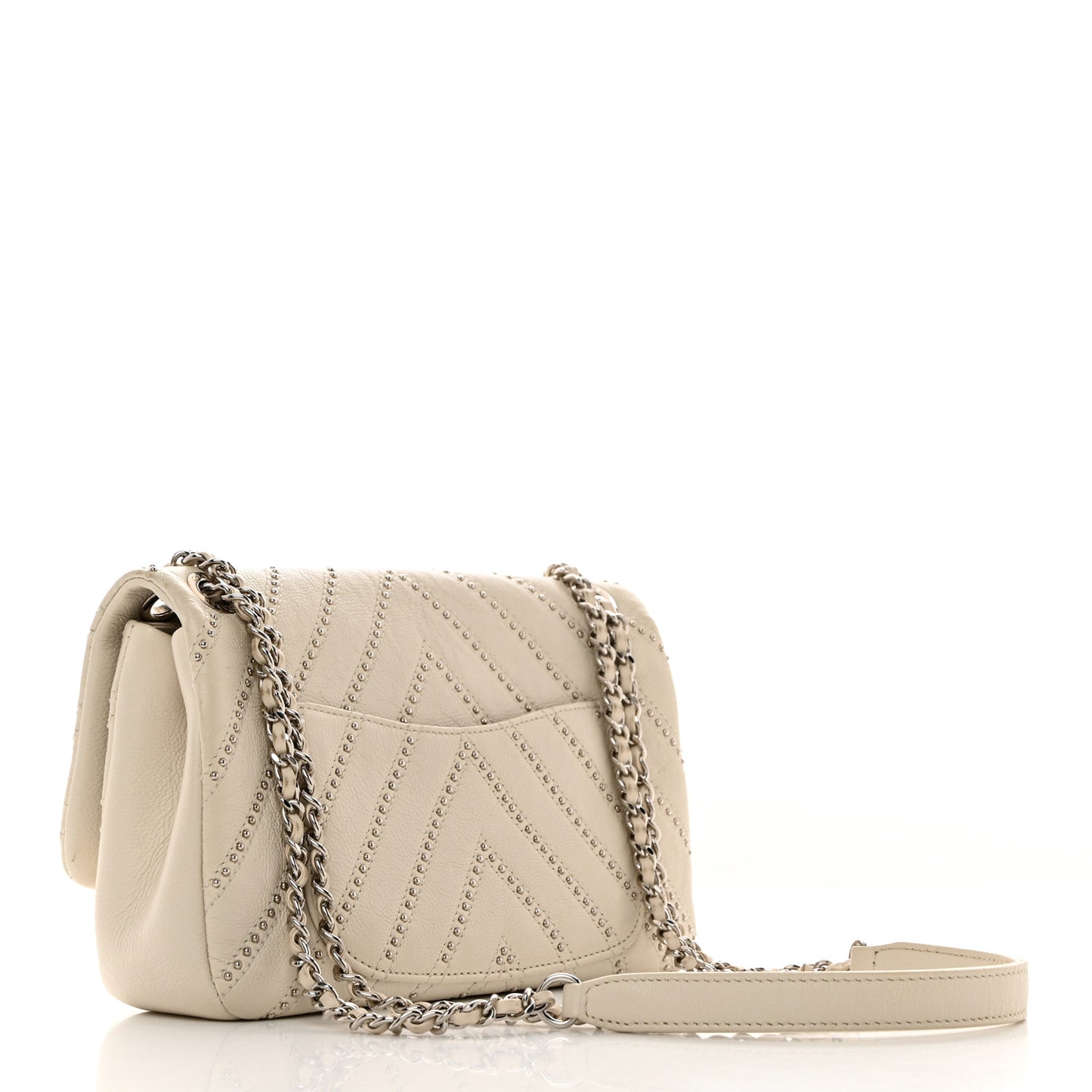 Calfskin Studded Chevron Quilted Small Stud Wars Flap White