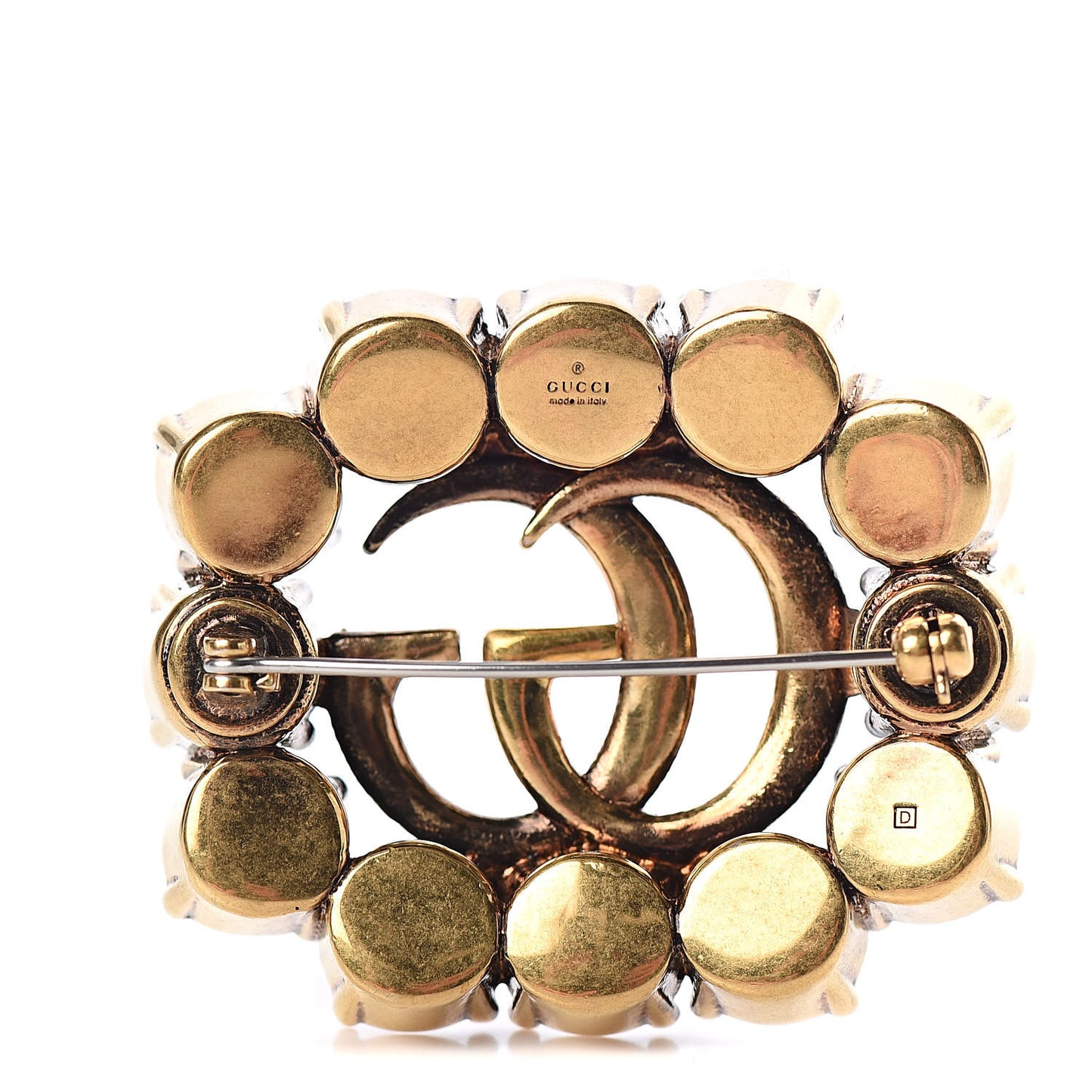 Metal Crystal Double G Brooch Aged Gold