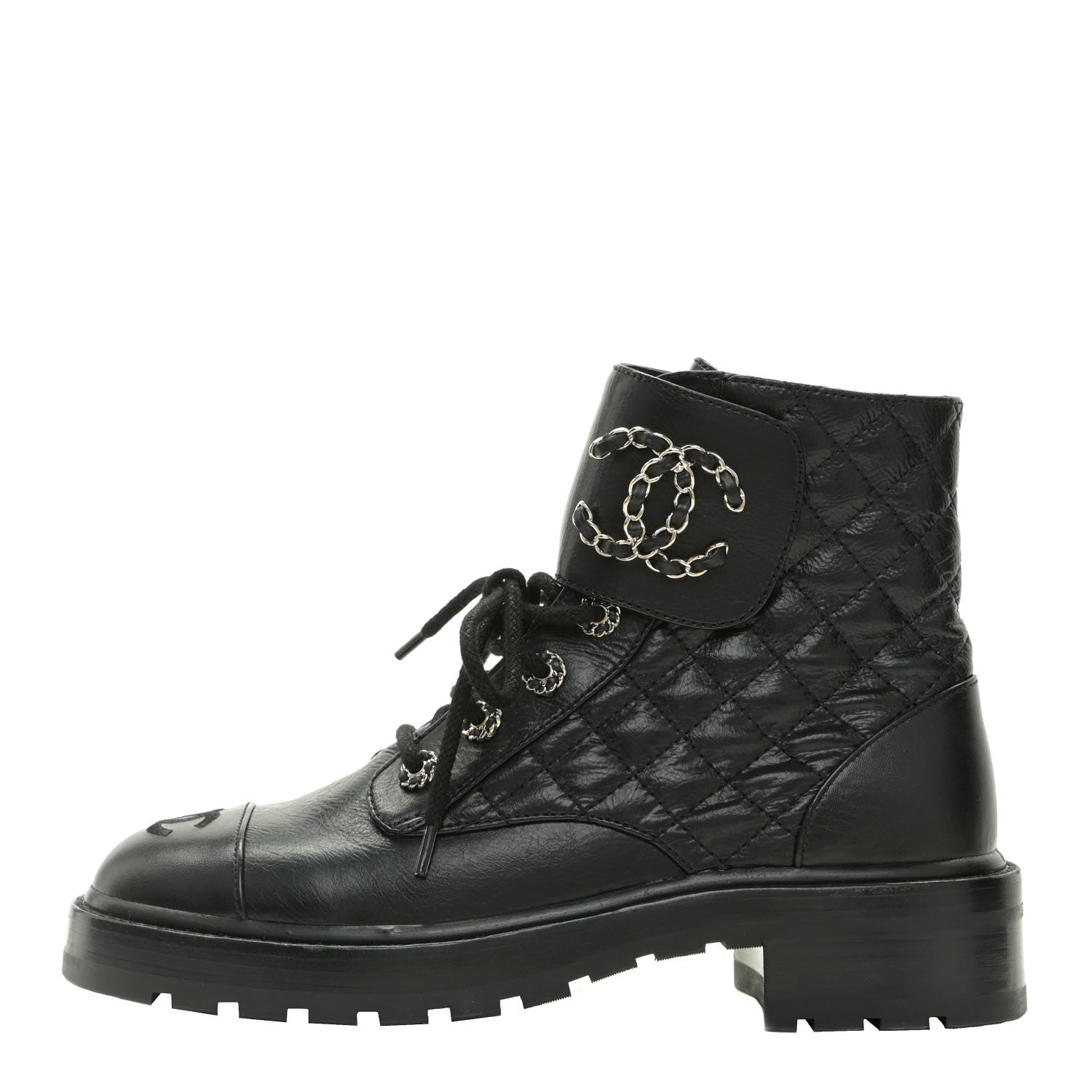 Chanel Shiny Goatskin Calfskin Quilted Lace Up Combat Boots 40 Black 1 of 9