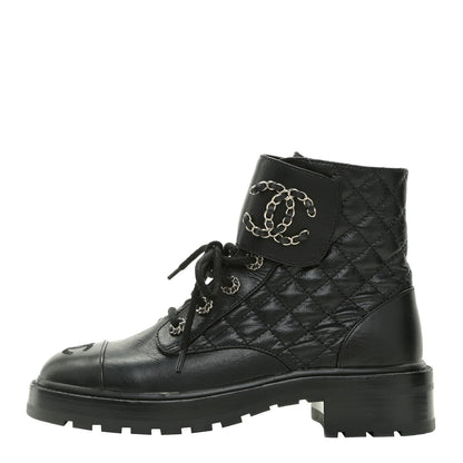 Chanel Shiny Goatskin Calfskin Quilted Lace Up Combat Boots 40 Black 1 of 9